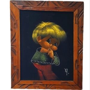 1970s Big Eye Velvet Painting | Signed Vintage Art in Wood Frame